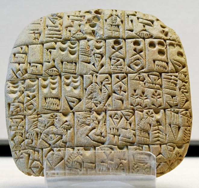 A cuneiform tablet depicting a contract for the sale of a house and field.